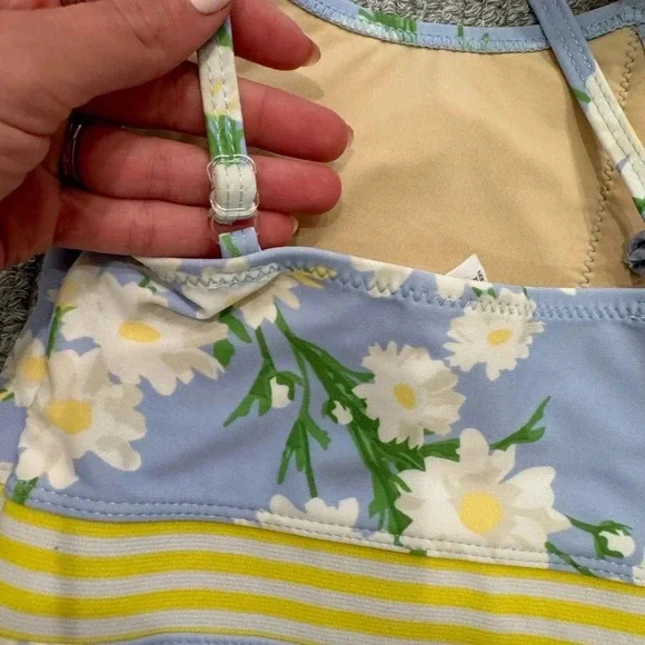 Shade Critters Floral Blue and Yellow One Piece Swimsuit Ruffle Sleeve - Picture 4 of 6